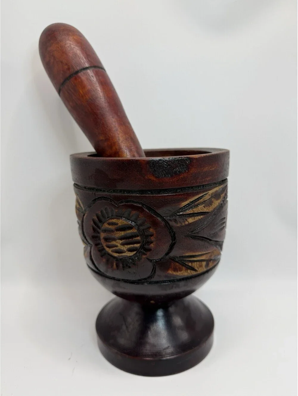 VINTAGE Hand Carved Wooden Mortar & Pestle Spices Herbs Grinder 6.5”